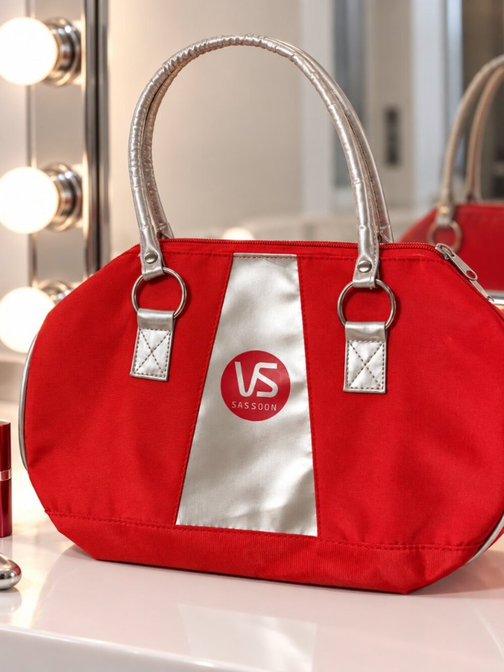 Vidal Sassoon VS Red Silver Bowling Handbag Purse Y2K Retro Beauty Bag